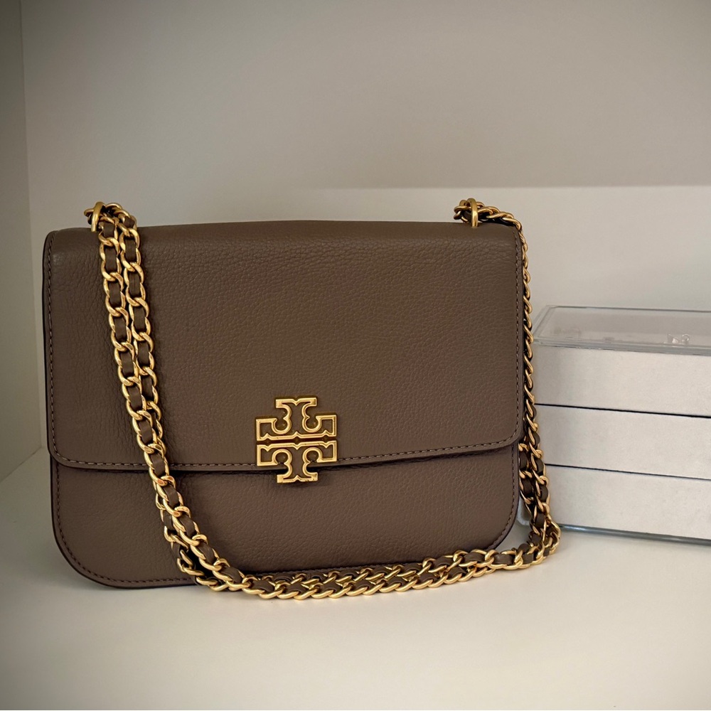 Tory Burch Taupe Gold Large Convertible Shoulder Bag with Chain Strap